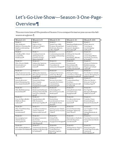 3rd Season One Page overview content calendar